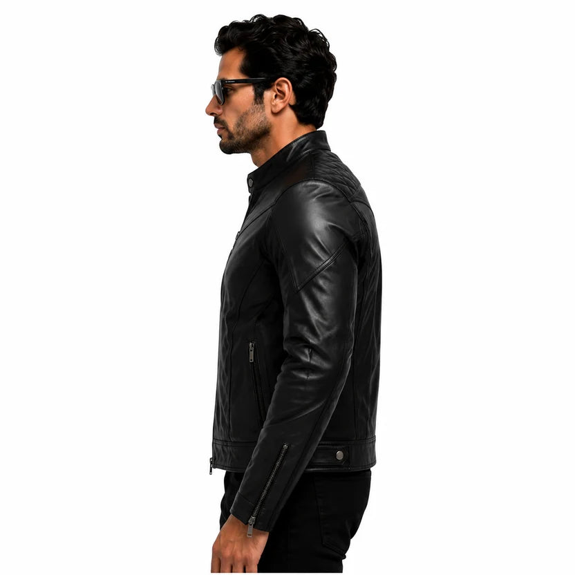 black leather sleeve with zipper detail on biker jacket