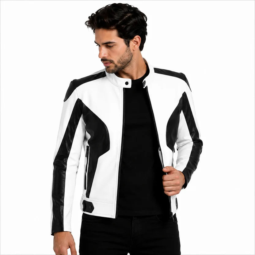 Black leather stripe on sleeve of white and black racer jacket