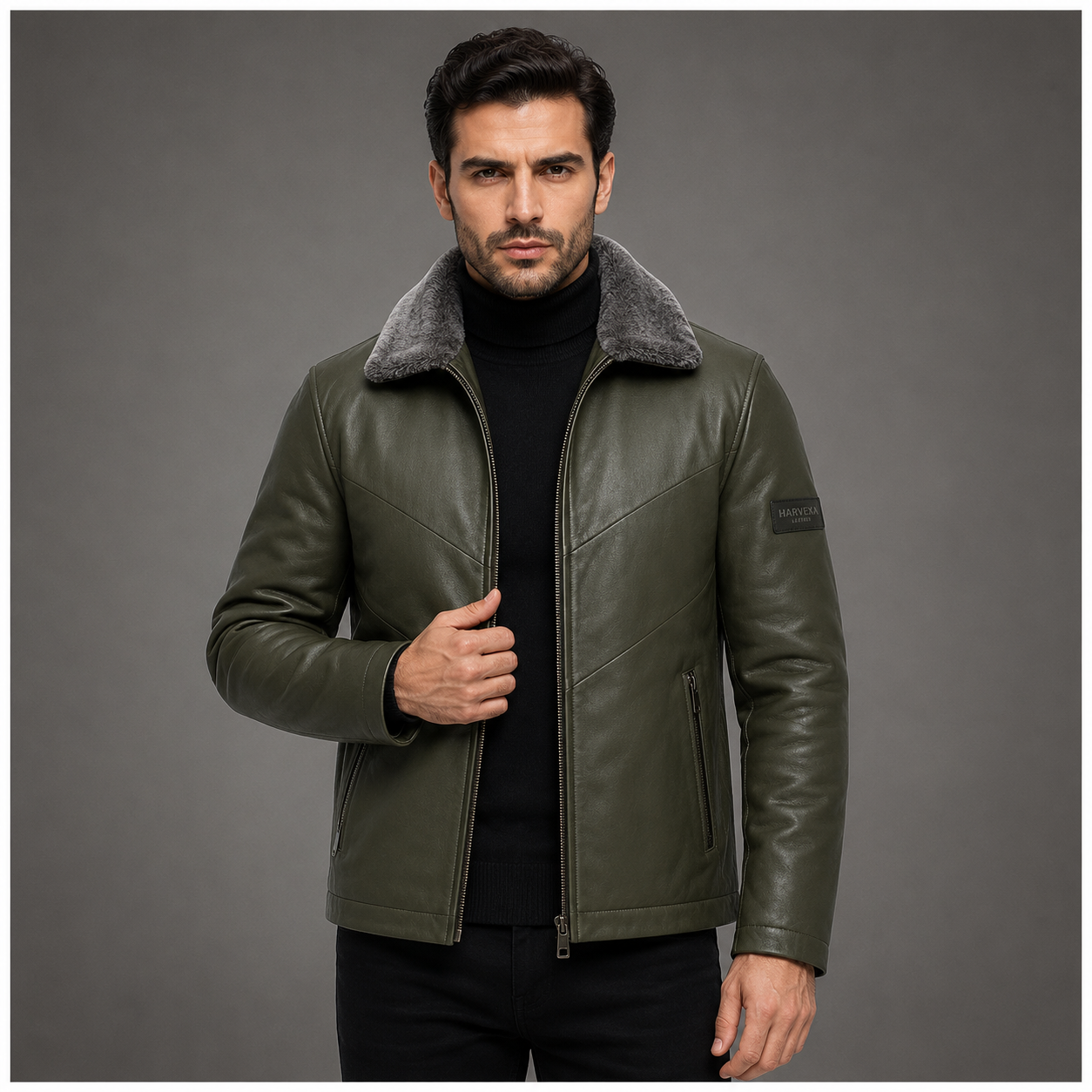 Men's olive green leather jacket