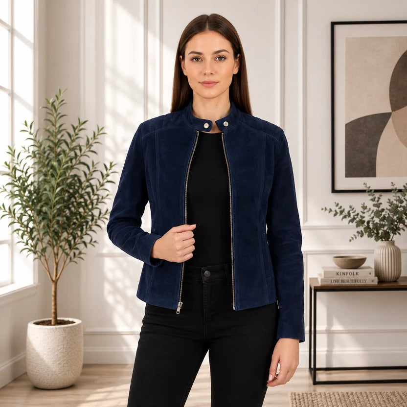 Women's Black Genuine Leather Cafe Racer Jacket