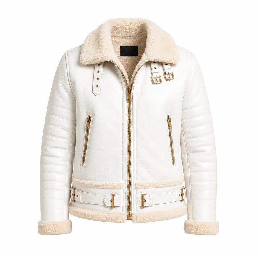 White Leather Shearling Bomber Jacket 