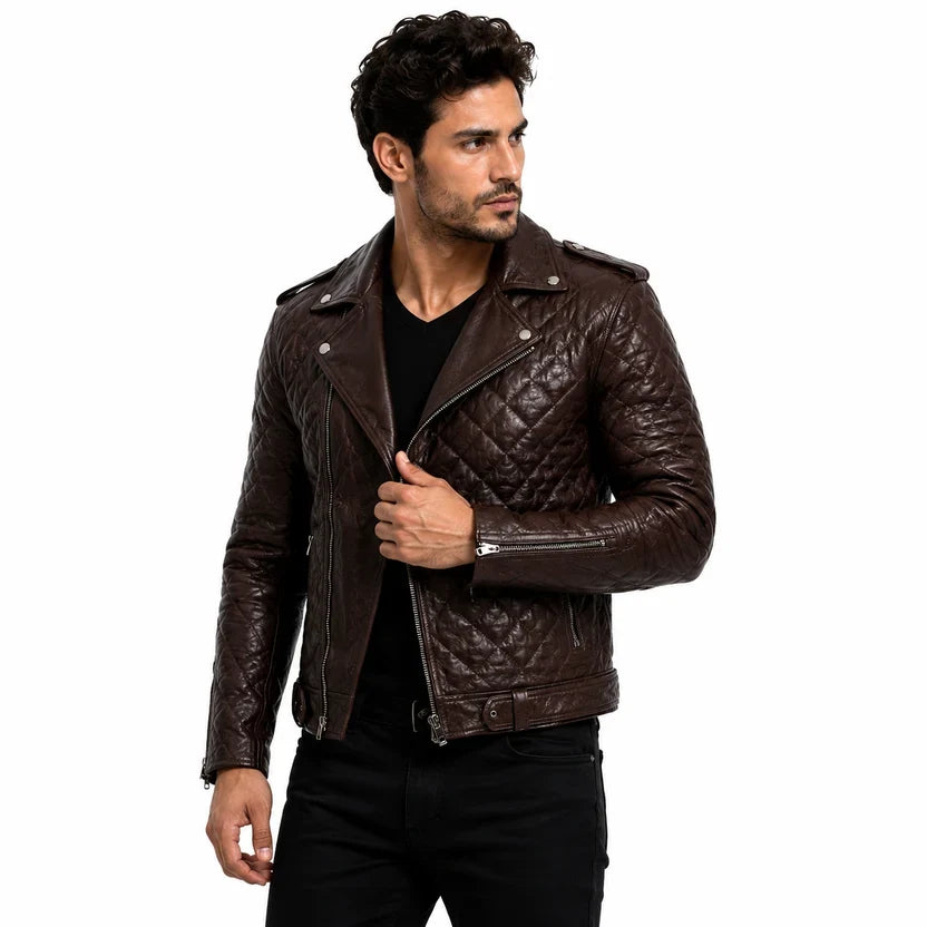 Men's White Leather Quilted Biker Jacket