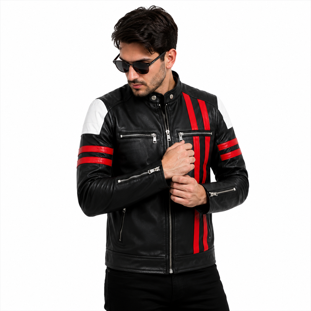 Racing Stripes and Zip Pocket Detail on Leather Jacket