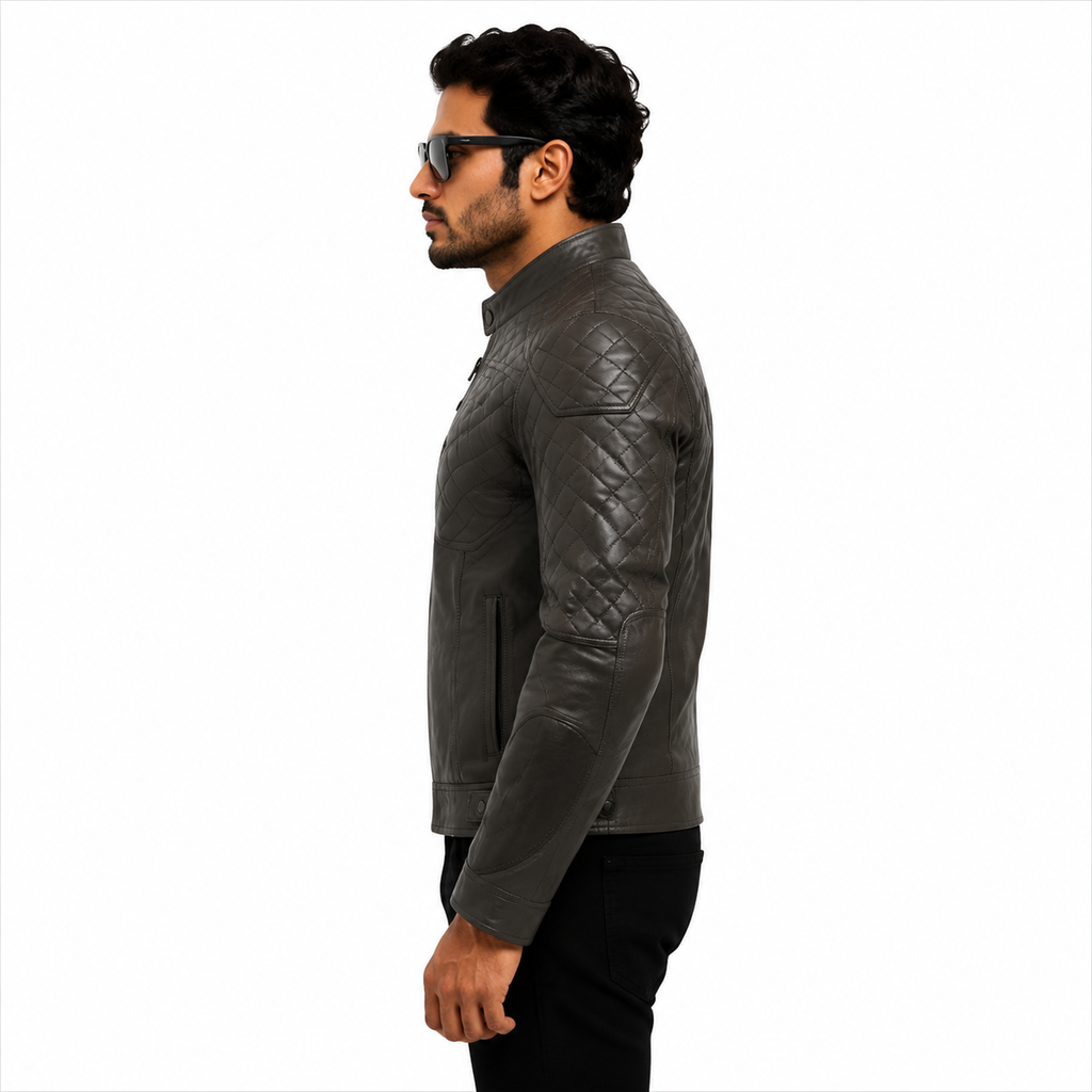 Men's Charcoal Gray Quilted Racer Leather Jacket