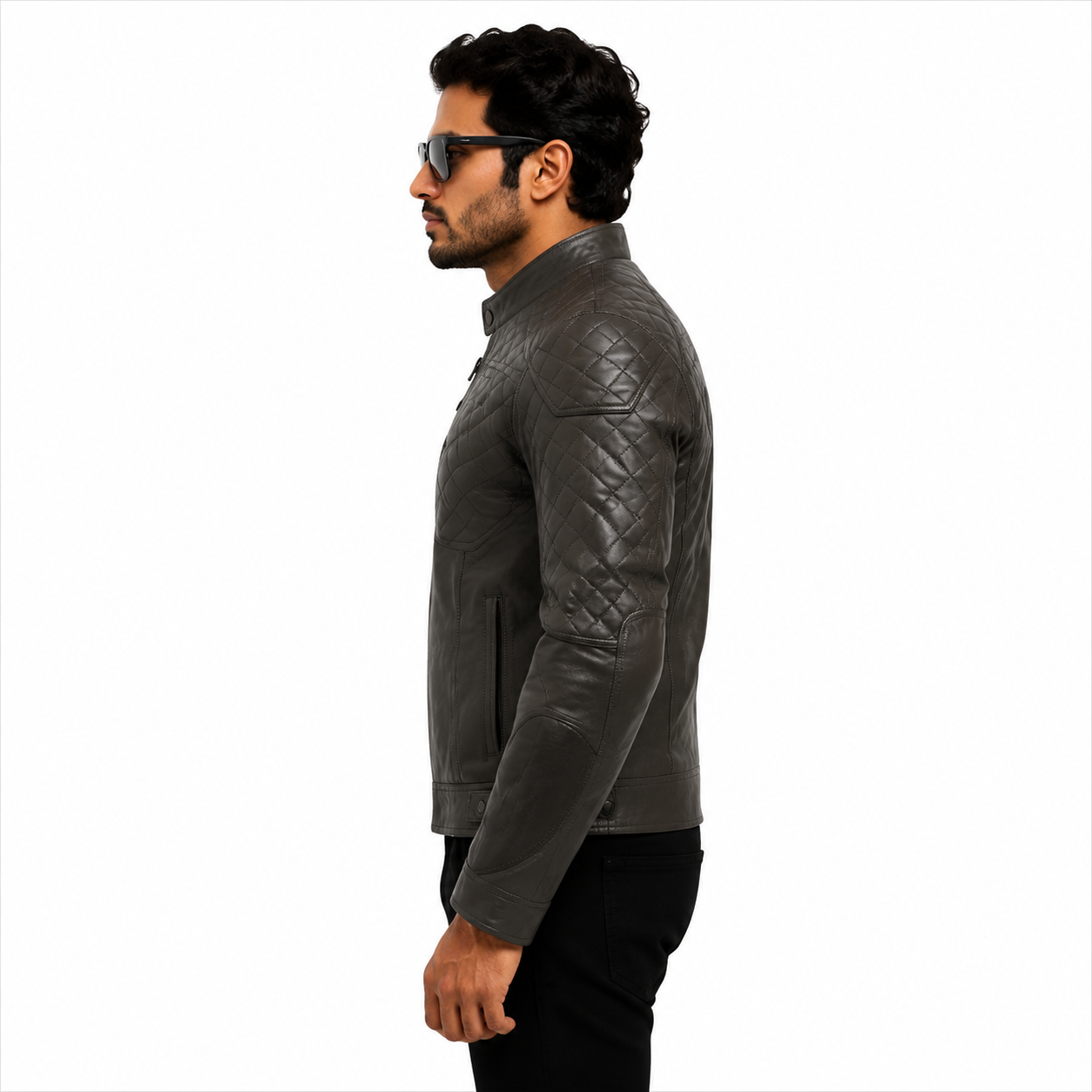 Men's Charcoal Gray Quilted Racer Leather Jacket