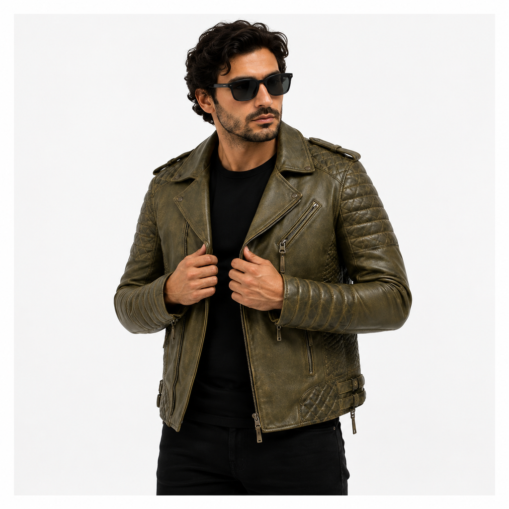 Men's Distressed Olive Green Leather Biker Jacket