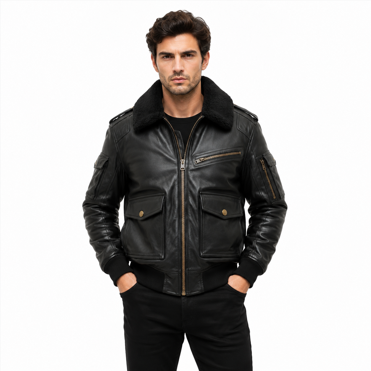 Men's Black Aviator Bomber Leather Jacket Winter Outfit