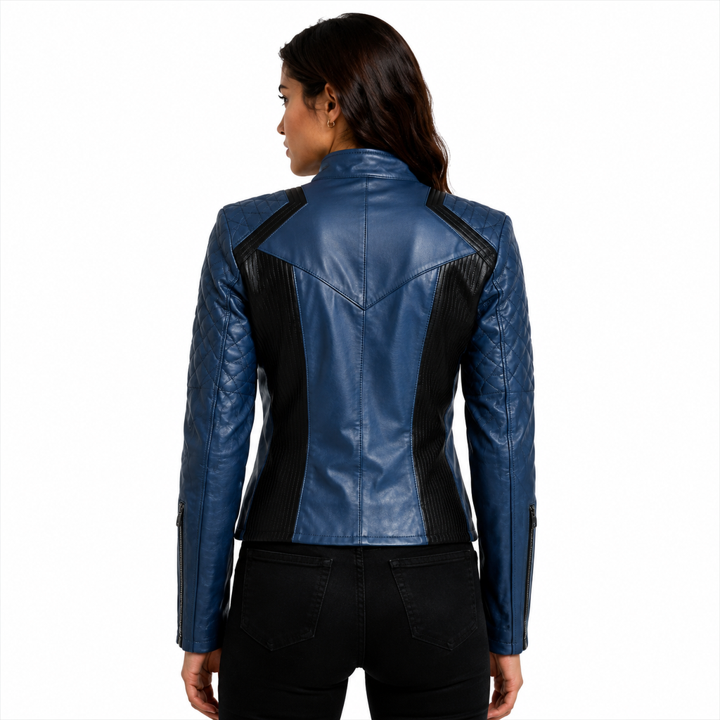 Women's Blue and Black Two-Tone Cafe Racer Leather Jacket