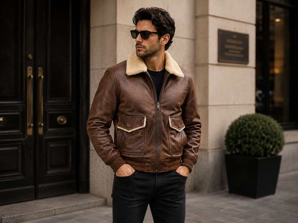 Men’s Leather Bomber Jacket G-1 Aviator Style