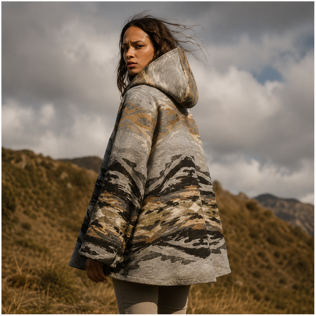 wooden toggle buttons on wool cape jacket