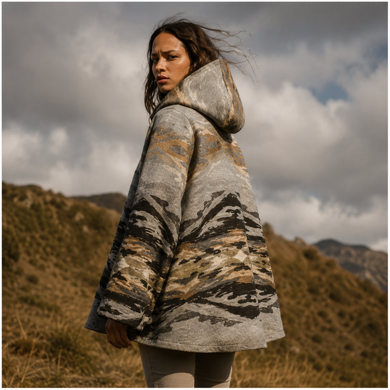 wooden toggle buttons on wool cape jacket