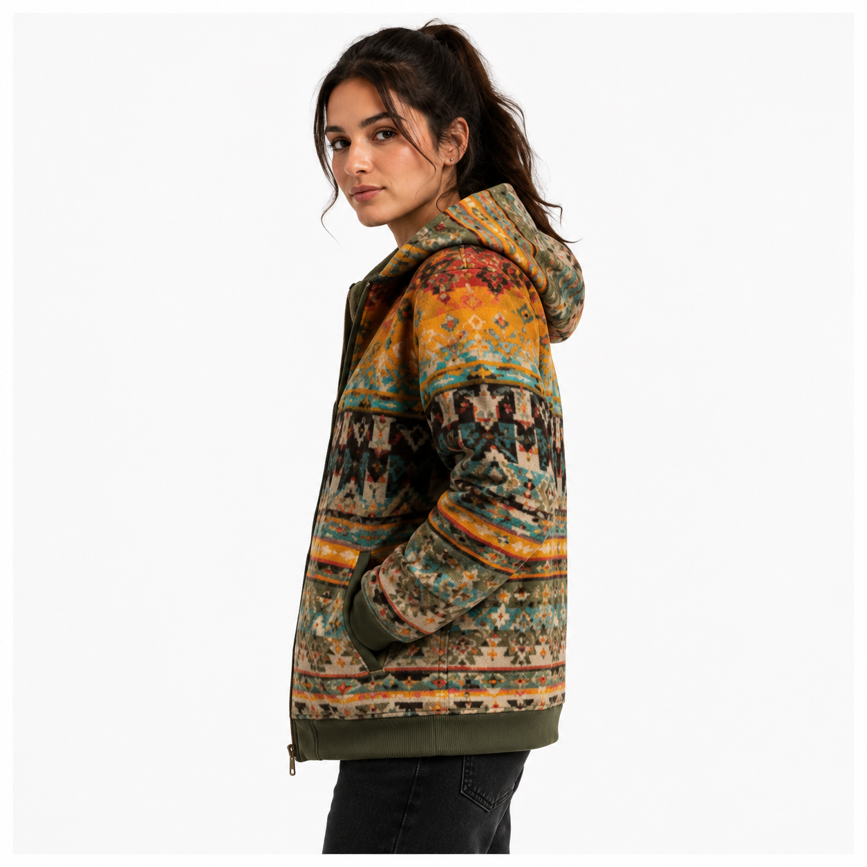 Women's Aztec Tribal Print Sherpa Jacket