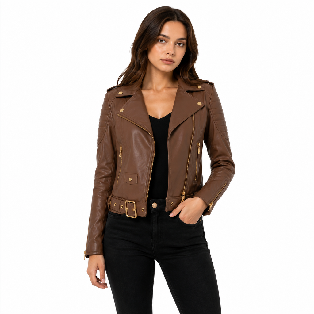 Brown Quilted Shoulder Motorcycle Jacket