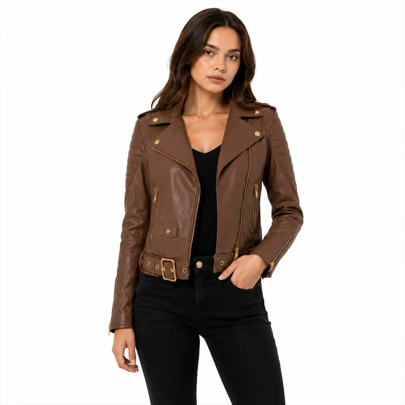 women's brown biker leather jacket