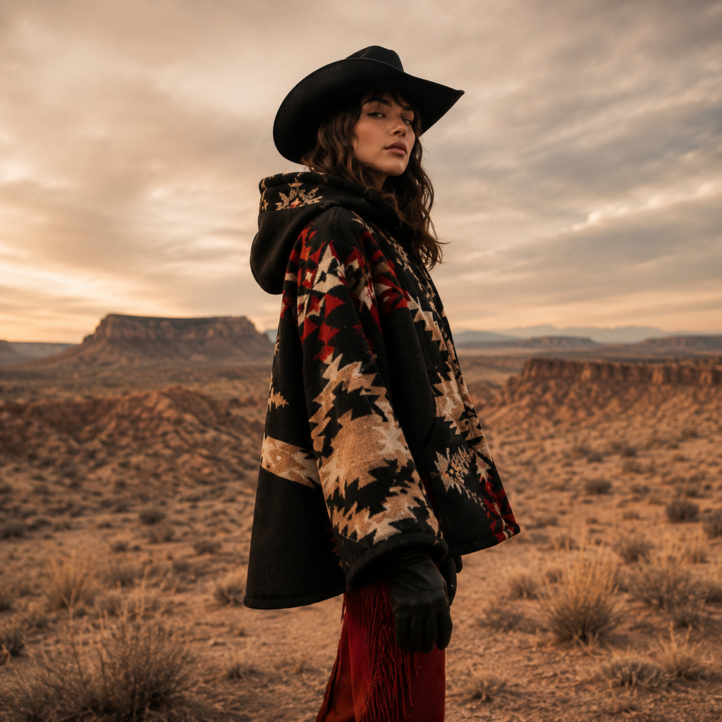 Yellowstone Beth Dutton Black Red Aztec Print Hooded Poncho Jacket