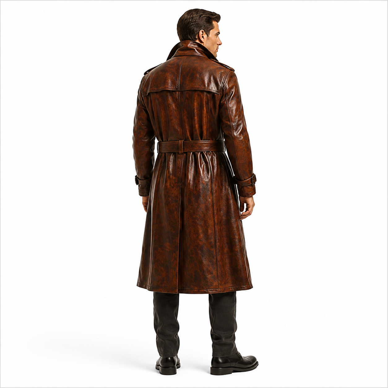 Long Brown Leather Overcoat for Men Back View