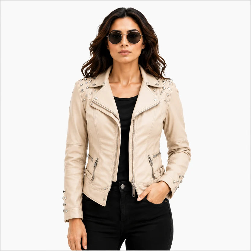 women's beige leather biker jacket