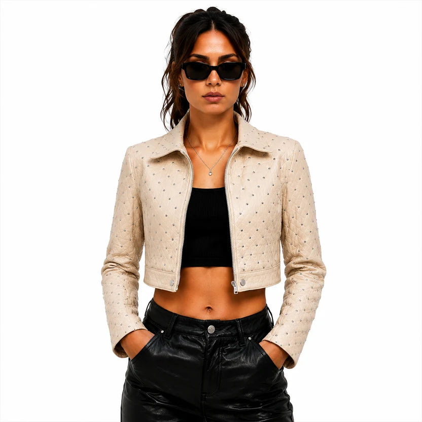 Women's Beige Studded Crop Leather Jacket