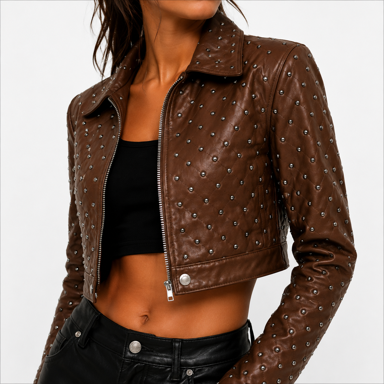 Women's Brown Cropped Studded Leather Jacket