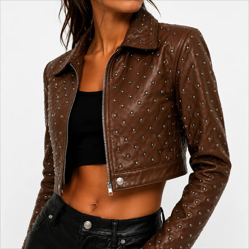 women's brown quilted studded crop leather jacket