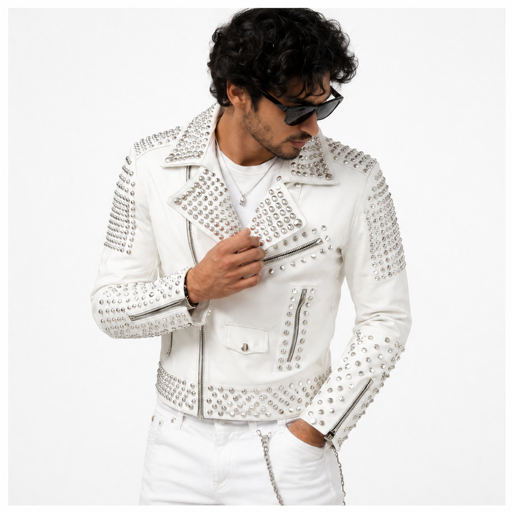 Men's Brando Spike Studded WhiteLeather Biker Jacket