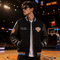 Black and Black Leather New York Knicks Varsity Jacket with Knicks Logo and New York or Nowhere Embroidery