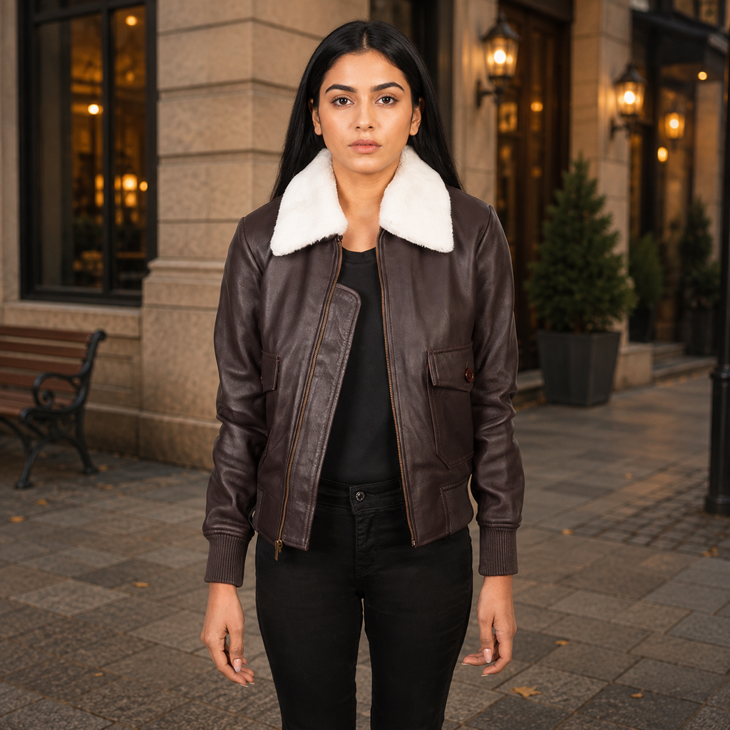 Women's Dark Brown Shearling Collar Aviator Leather Jacket