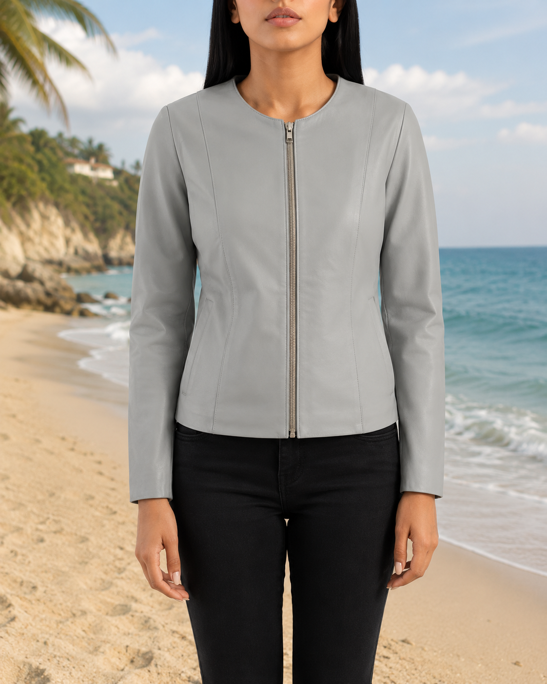 gray leather jacket women