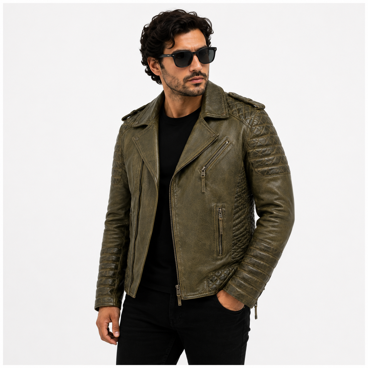 Men's Distressed Olive Green Leather Biker Jacket
