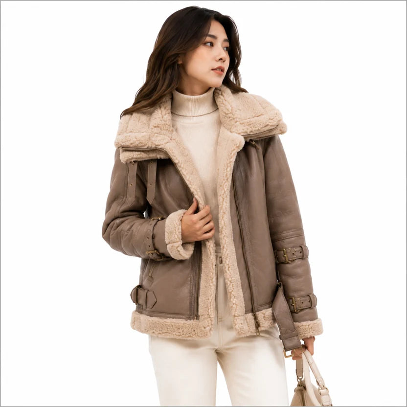 women's taupe brown aviator jacket