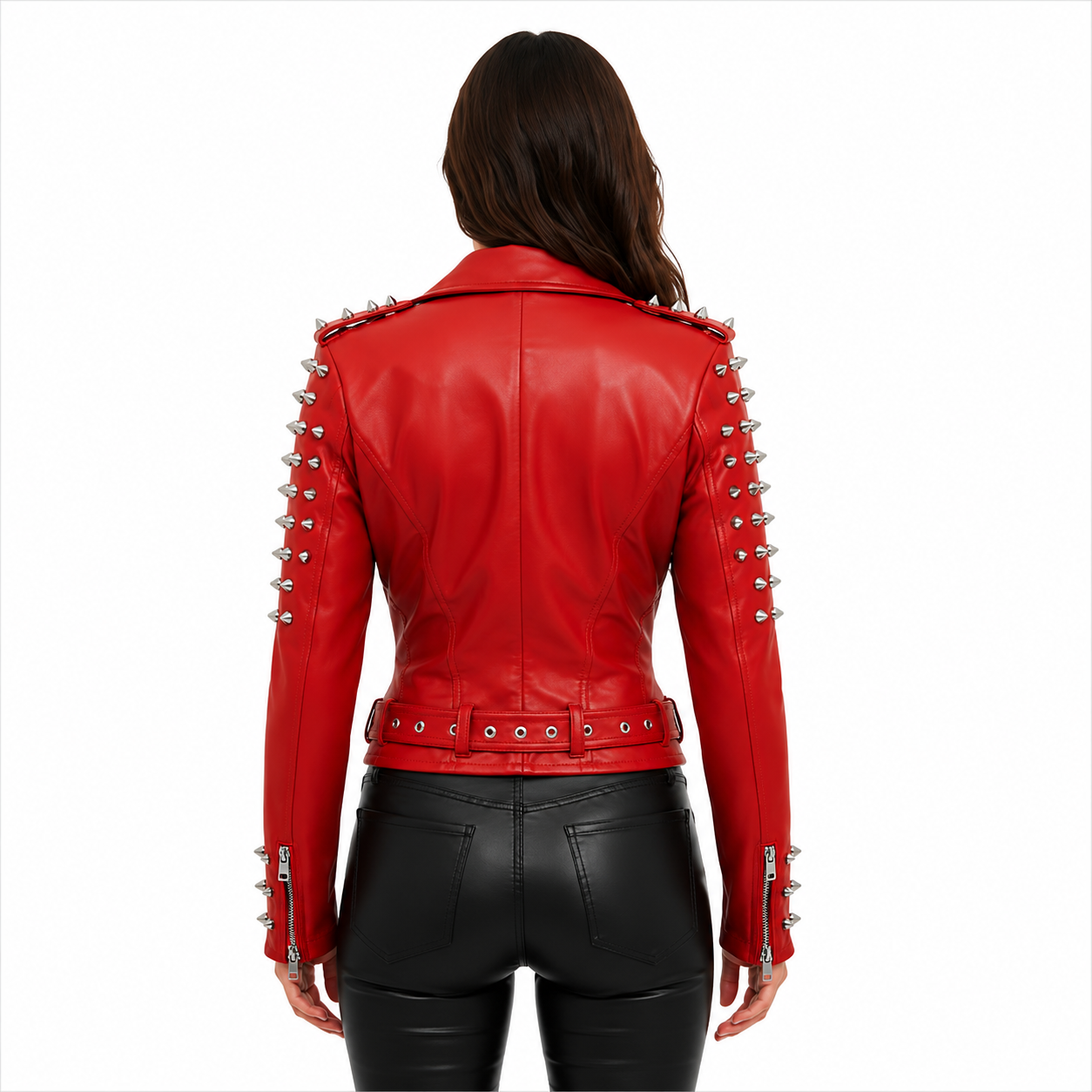 Women's Red Studded Leather Biker Jacket