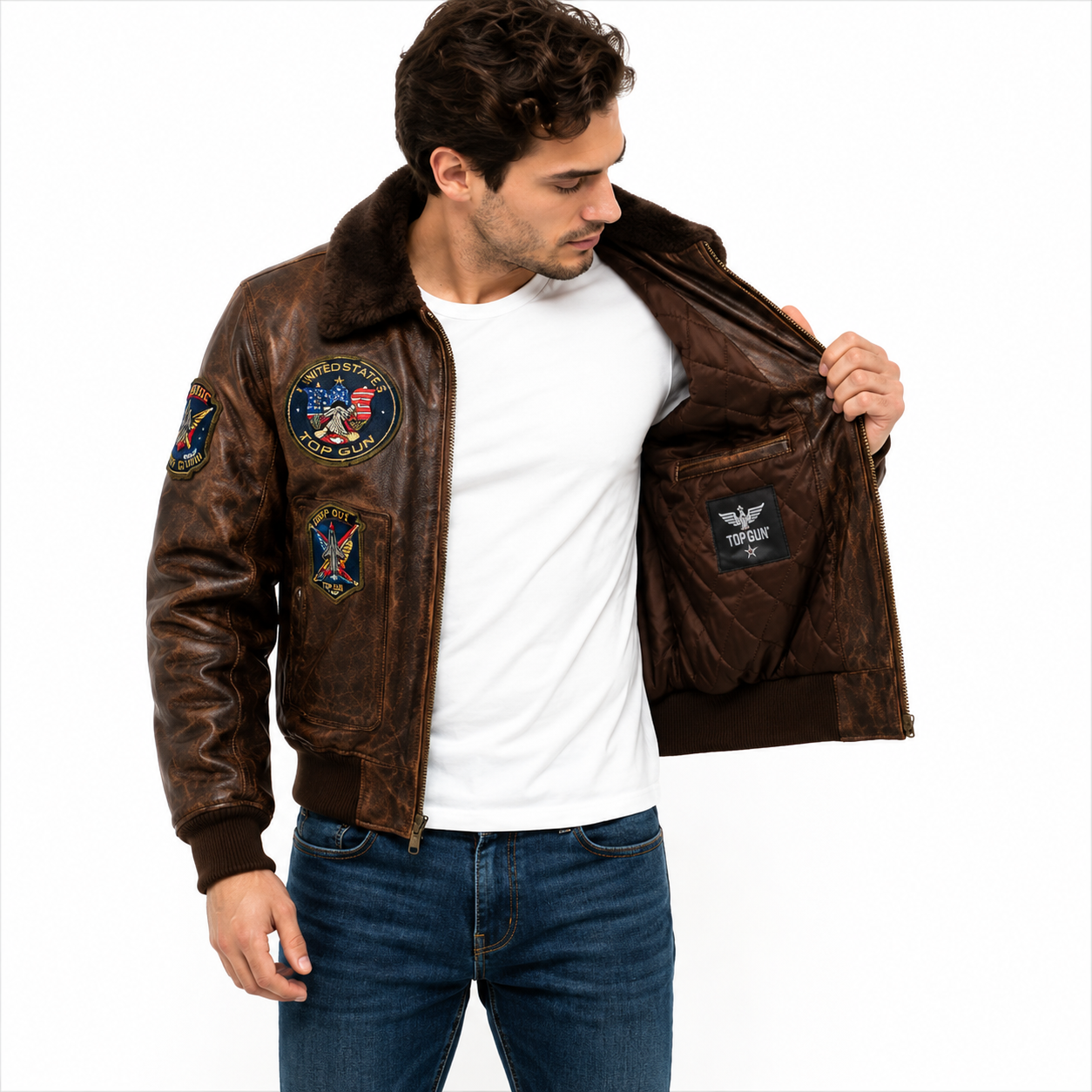 Men's Brown Top Gun Flight Leather Jacket with Faux Fur Collar