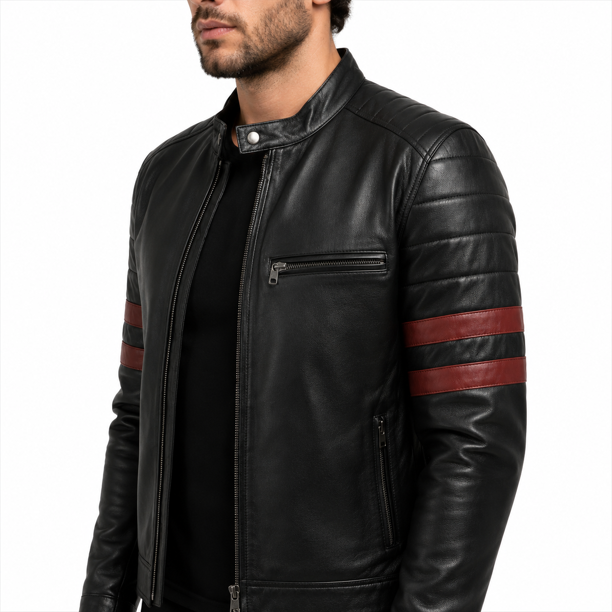 Striped Leather Biker Jacket Sleeve 