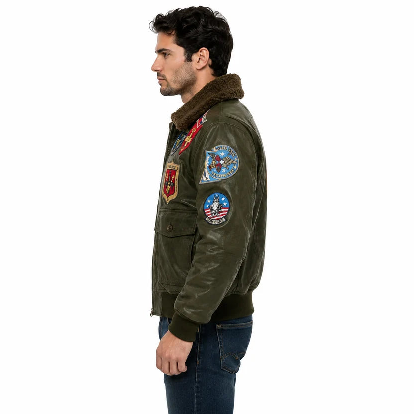 Men's Olive Green Leather Pilot Jacket Military Style