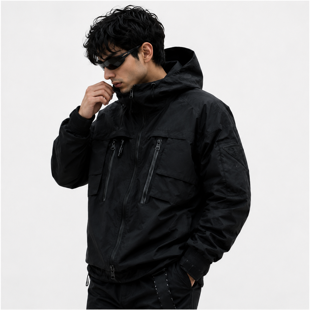 Men's Stealth Black Techwear Hooded Tactical Windbreaker