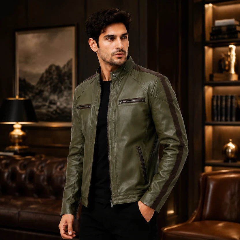 Olive Green Brown Stripe Cafe Racer Leather Jacket