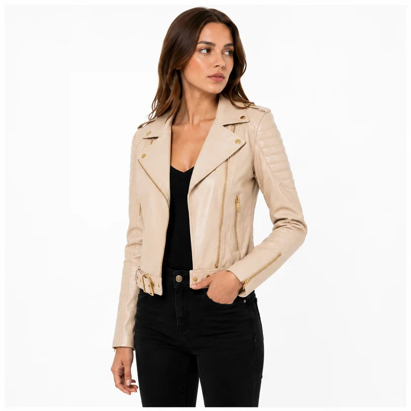 Women's Pink Genuine Leather Biker Jacket