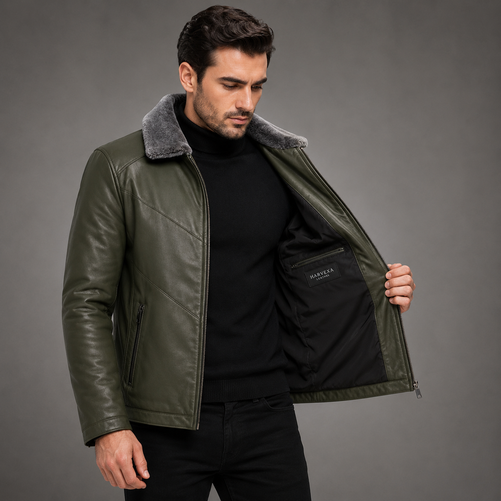 Men's olive green leather jacket