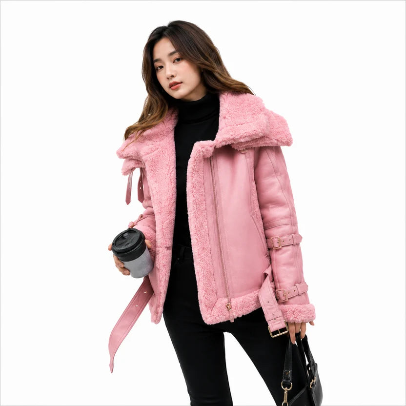 Women's Pink Shearling Aviator Jacket Real Leather B3 Bomber