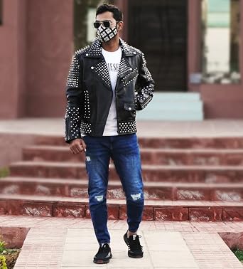 Men's Brando Spike Studded Black Leather Biker Jacket