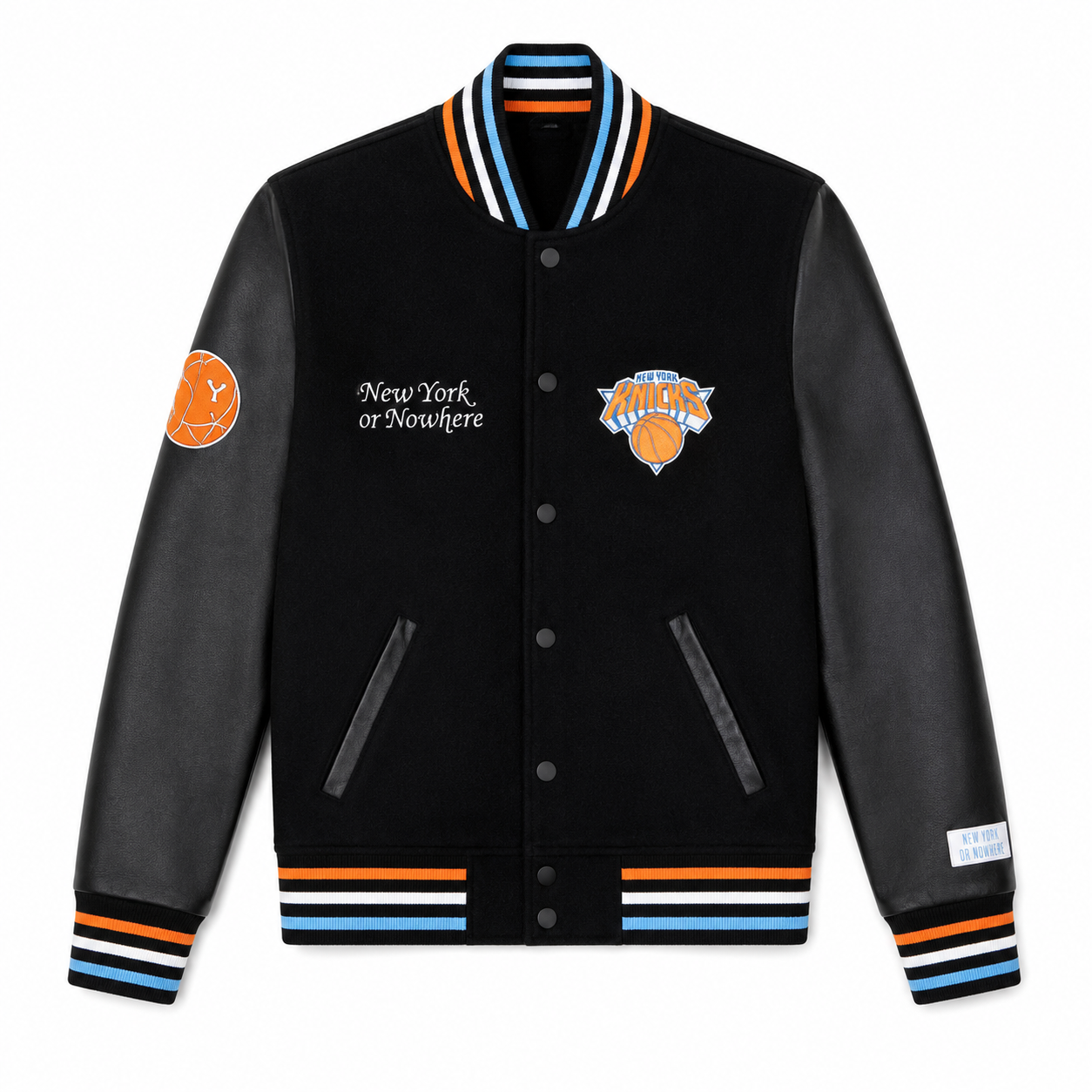 Black and Black Leather New York Knicks Varsity Jacket with Knicks Logo and New York