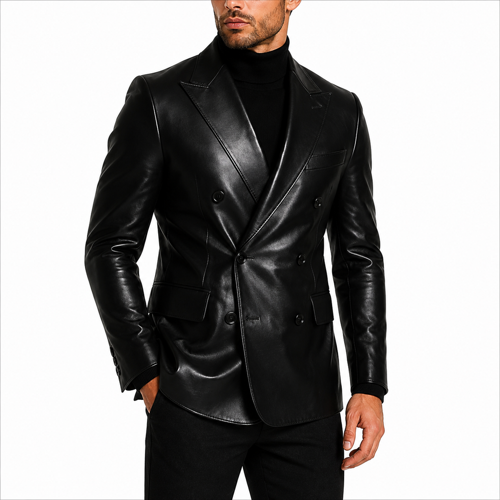 Slim Fit Black Leather Blazer Side Profile