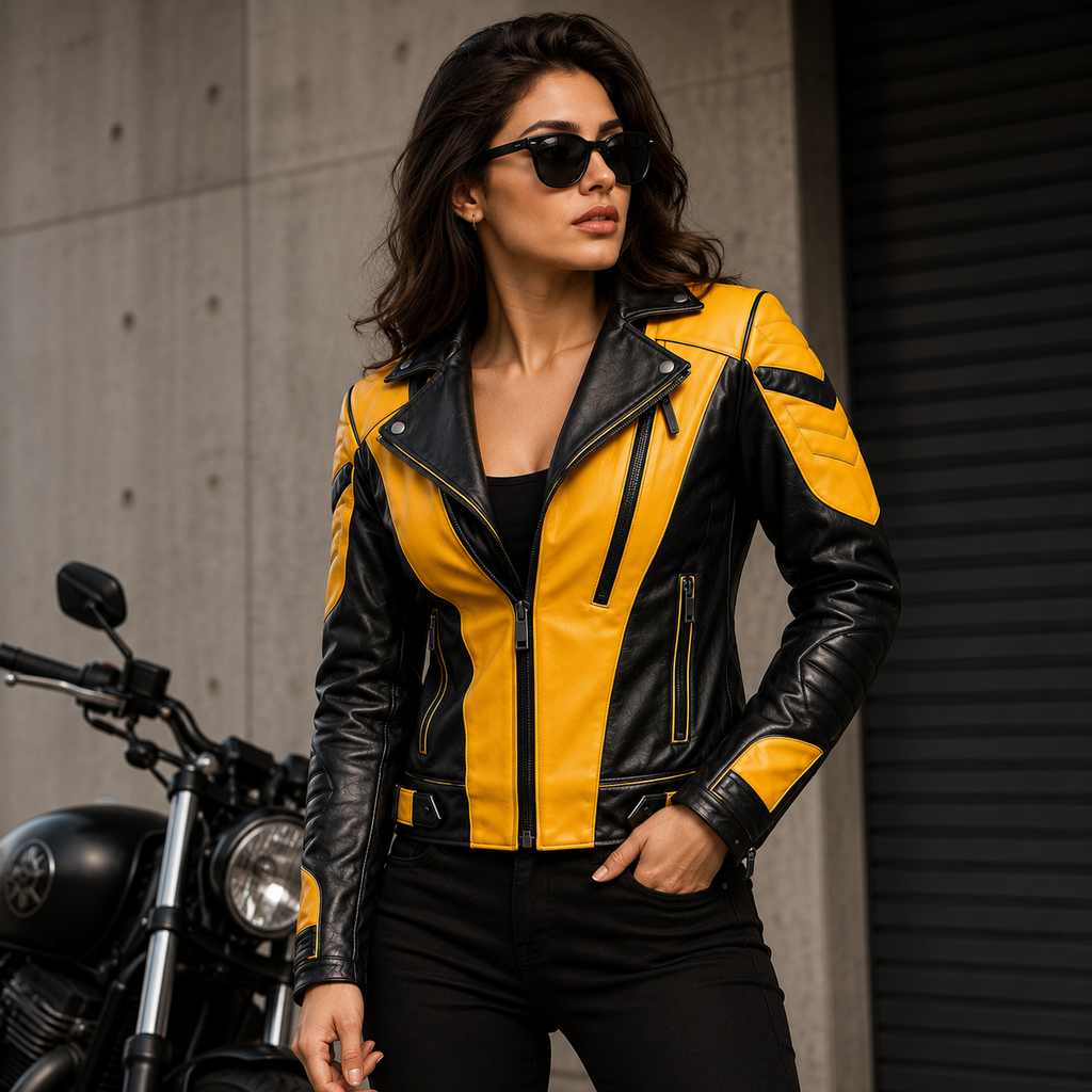  Yellow and Black Biker Leather Jacket with Asymmetric Zipper