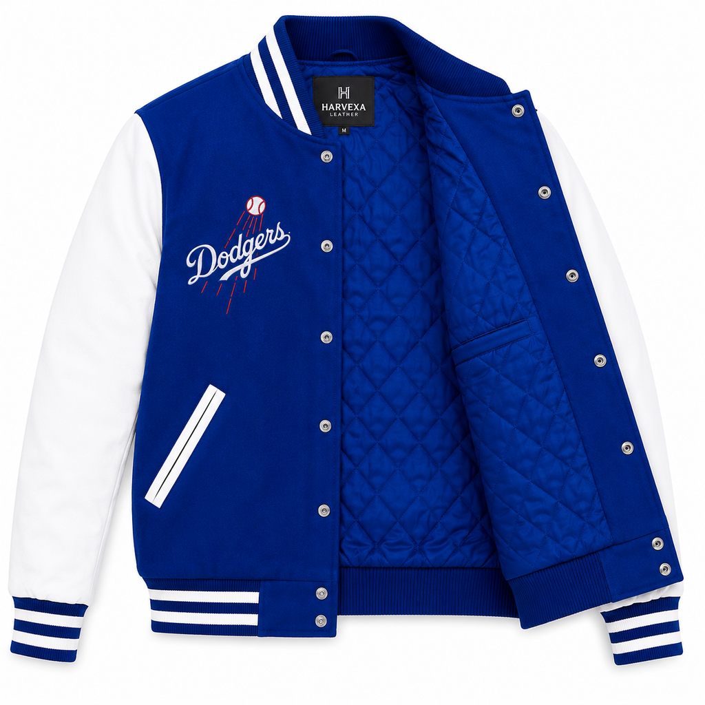 Royal Blue and White Los Angeles Dodgers Varsity Jacket with Quilted Lining and Dodgers Script Logo