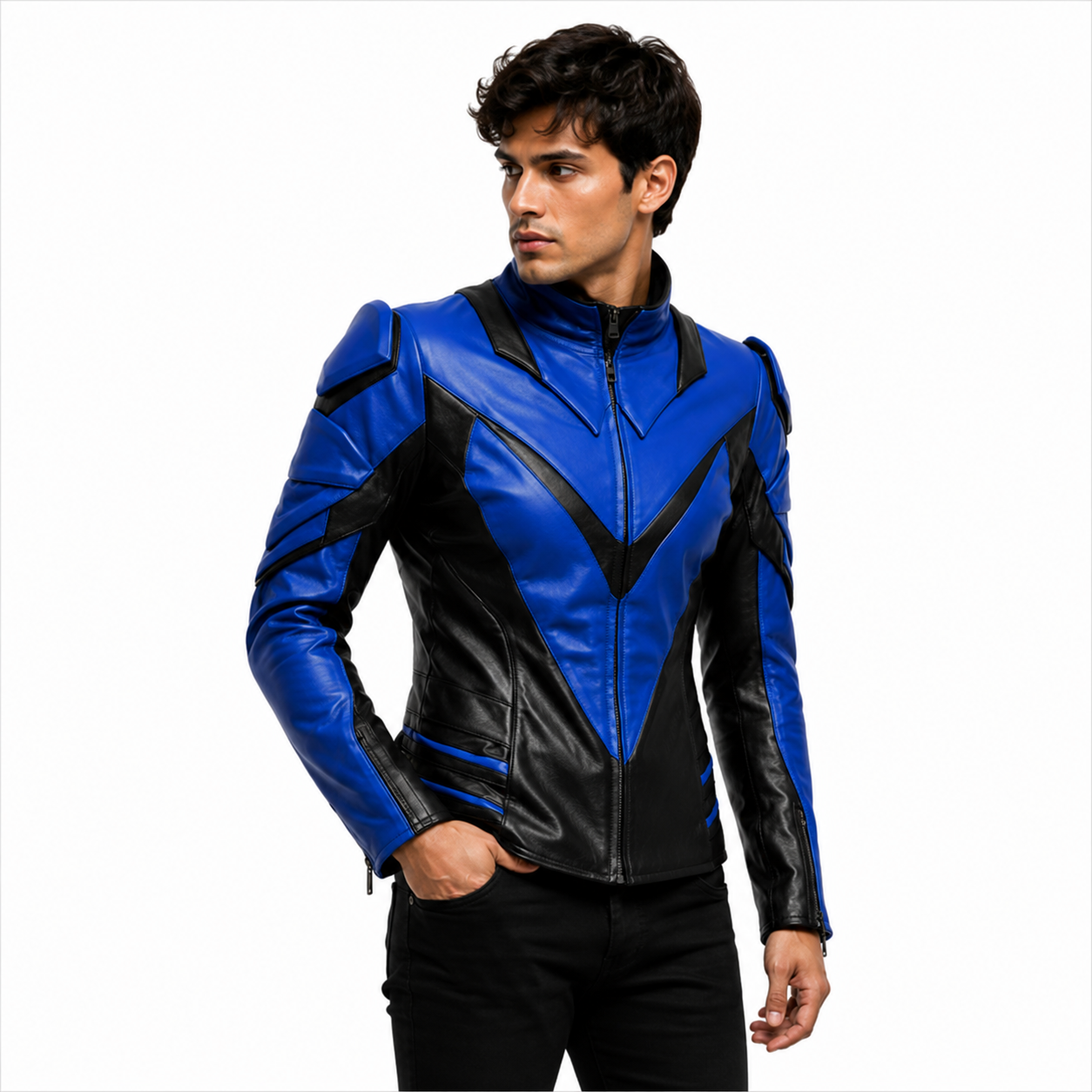Shoulder Armor Detail on Blue Black Leather Jacket