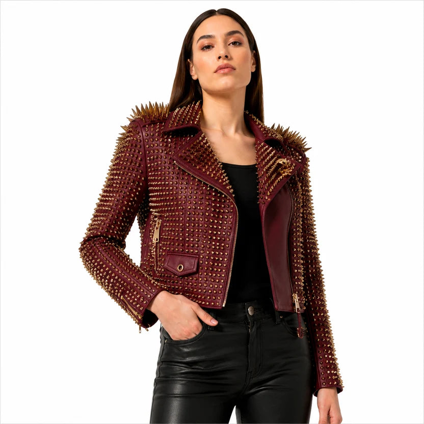 Women's Burgundy Studded Leather Biker Jacket