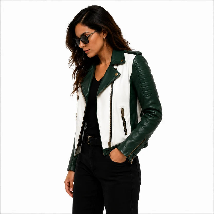 Women's Green & White Genuine Leather Moto Jacket Real Leather Bicolor Biker Jacket