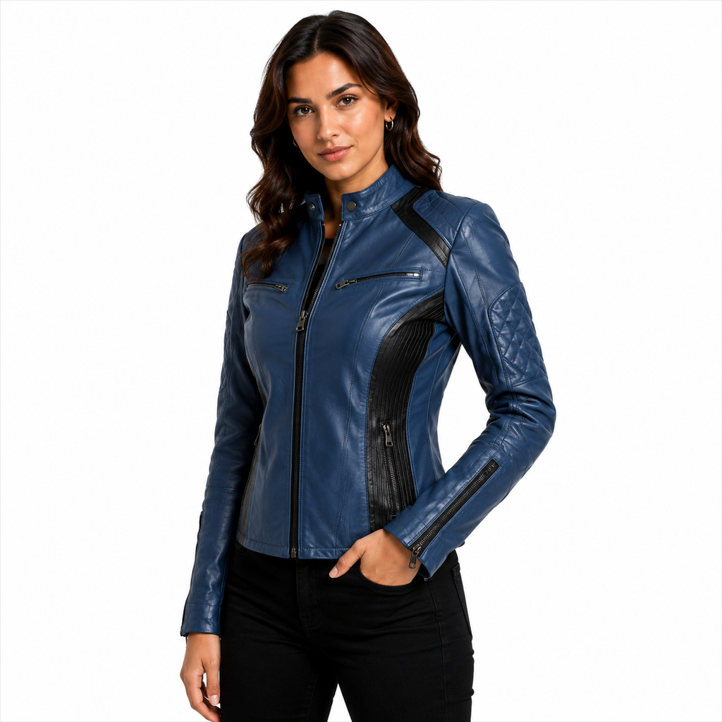 Women's Blue and Black Two-Tone Cafe Racer Leather Jacket