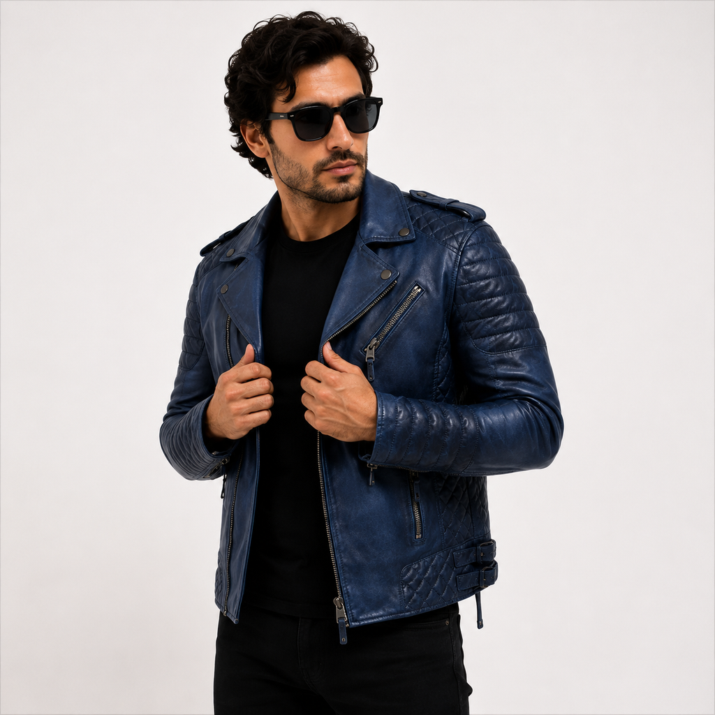 Men's Distressed Navy Blue Asymmetric Leather Biker Jacket