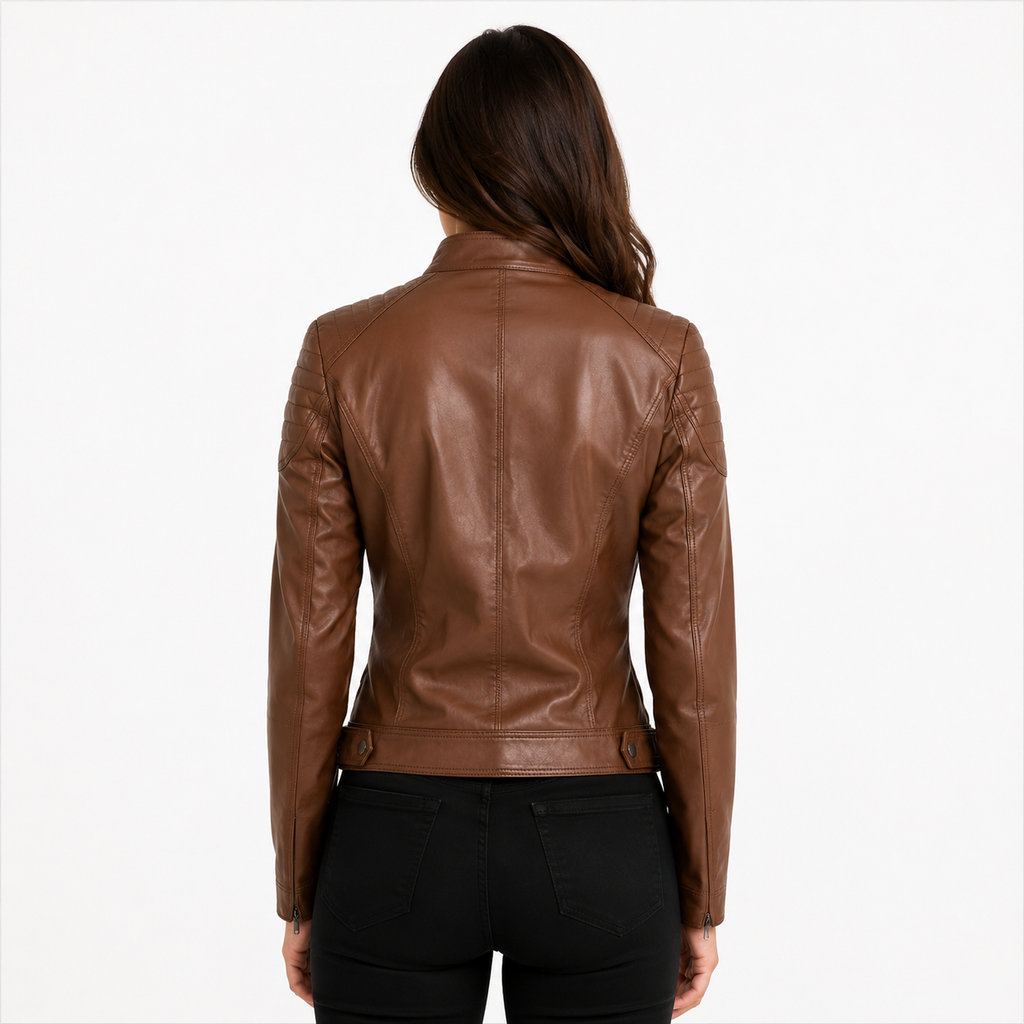 Women's Classic Cognac Brown Cafe Racer Leather Biker Jacket